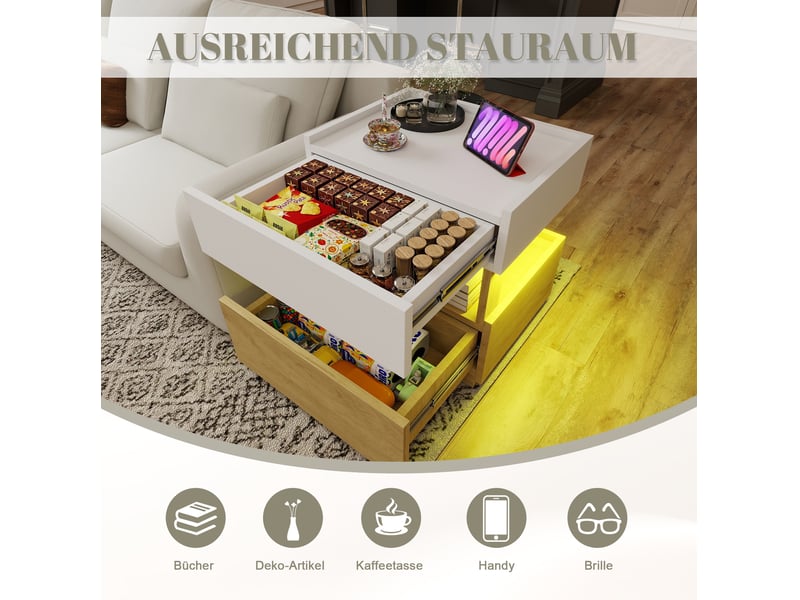  Table de chevet led avec charge sans fil, 2 tiroirs et rangement double niveau, pour chambre, bois naturel, 50 × 40 × 50 cm  - Conforama E