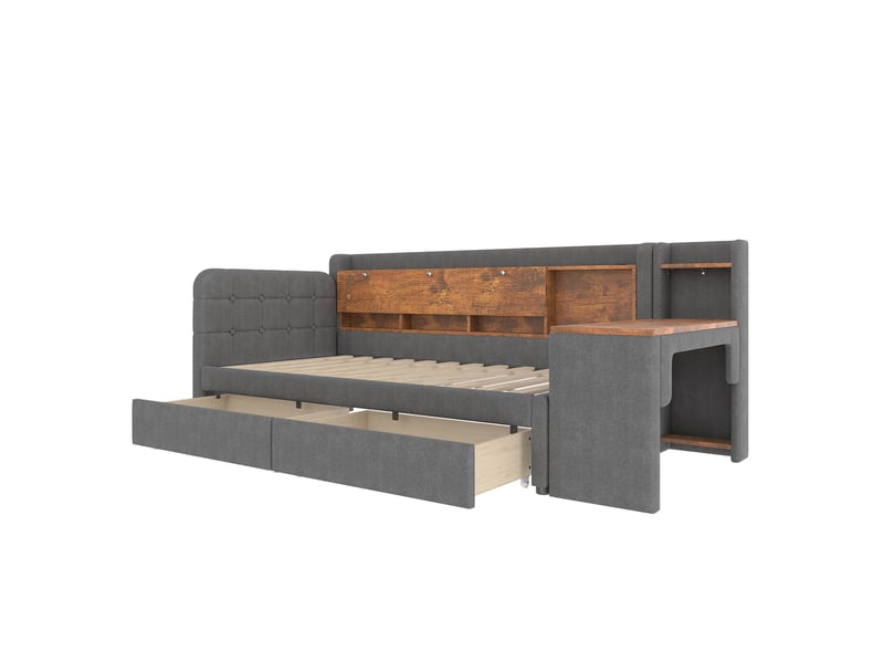 Lit enfant 90x200 cm avec rangement intégré, 2 tiroirs et bureau modulable, lin et mdf, gris, sans matelas - Conforama E