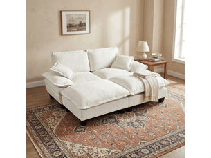 Canapé d’angle modulable, 2 poufs mobiles, 2 coussins, mousse haute densité, 194 × 151 × 90 cm, chenille beige