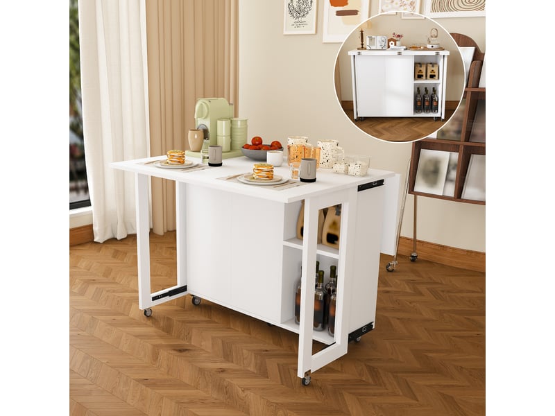  Table à manger pliable multifonction blanc, îlot de cuisine mobile avec rangement, roulettes 360°  - Conforama B