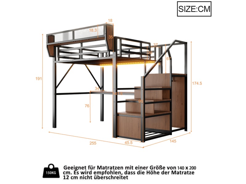 Lit mezzanine (140 x 200 cm), lit métallique avec barre lumineuse led, bureau long, échelle de sécurité et rangement flexible – lit métallique universel pour adultes et enfants – noir - Conforama E