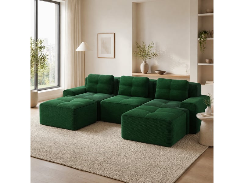  Canapé modulaire en u 3 places avec ottomans, sans montage, velours côtelé vert, 293 × 177 × 69 cm  - Conforama B