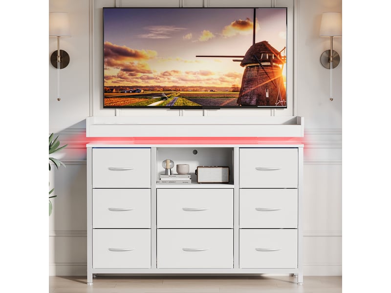  Commode avec 8 tiroirs en tissu,armoire avec led et station de recharge,cadre en métal,100x30x82cm,blanc,style moderne  - Conforama D