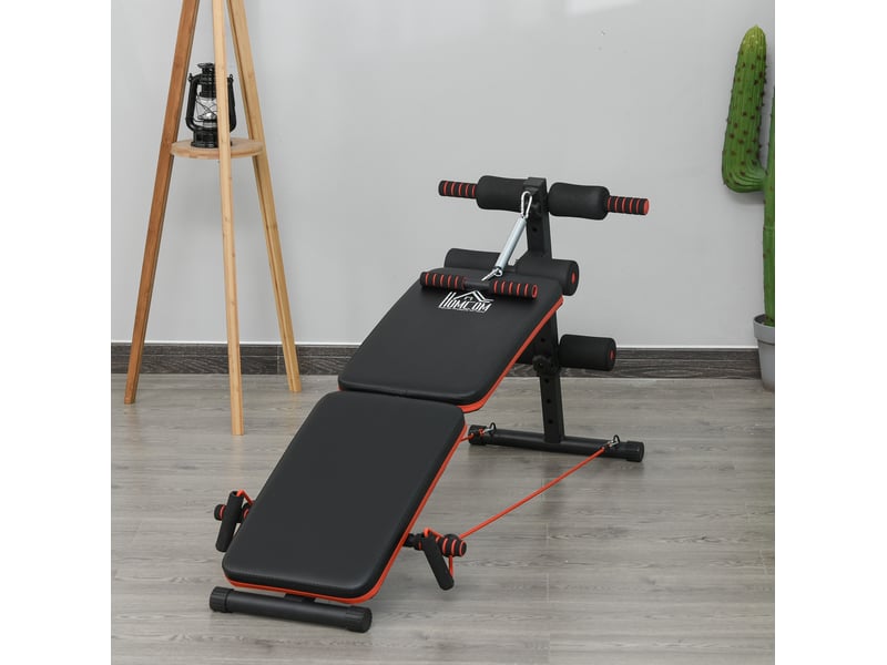  Banc de musculation pliable 137 x 51 x 50-66 cm noir et rouge en acier, réglable avec cordes de traction  - Conforama B