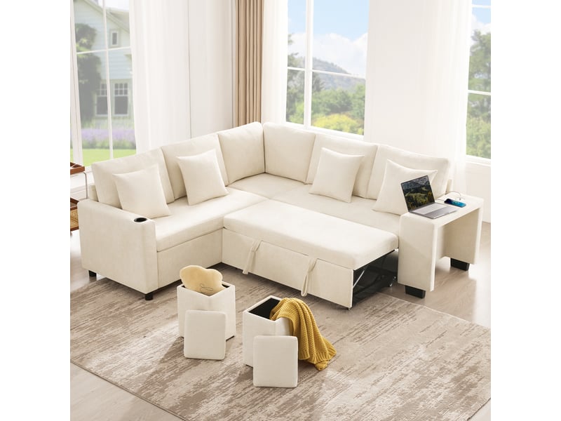 Canapé d'angle convertible 5 places, tissu chenille beige & canapé lit modulable, avec coffre de rangement et ports usb pour salon - Conforama D