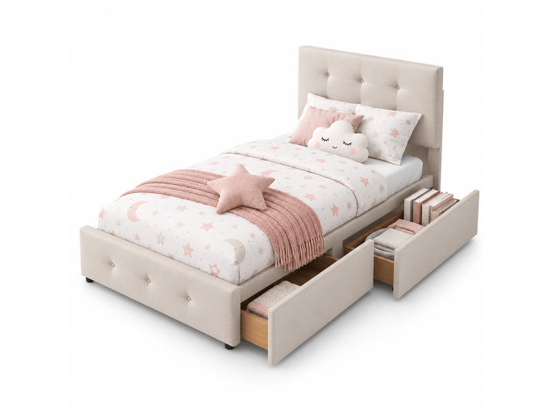 Lit coffre 90x200 with 2 tiroirs, lit 1 place 90x200, lits rembourrés avec cadre à barreaux, lit 90 x 200 cm,cadre de lit avec avec sommier à lattes, dossier, en tissu velours beige doux drawers - lit simple plat pour enfants, a… - Conforama A