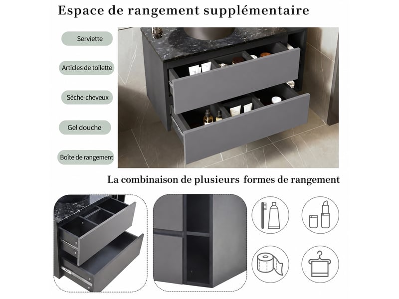  Meuble sous vasque suspendu 80 cm noir et gris avec vasque ronde noire en céramique et 2 tiroirs  - Conforama E