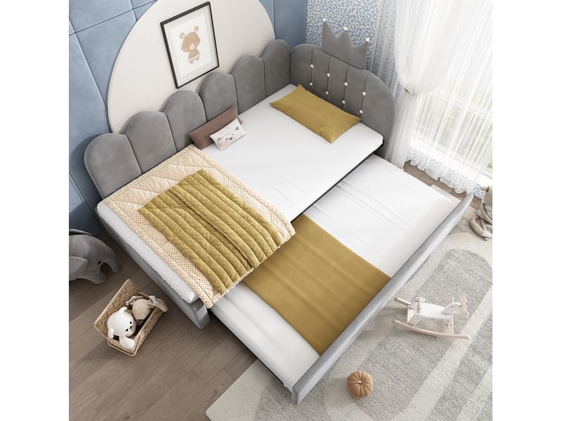  Modenvie lit gigogne 90x200 cm - forme l en velours avec tete de lit couronne, sans matelas - gris  - Conforama E