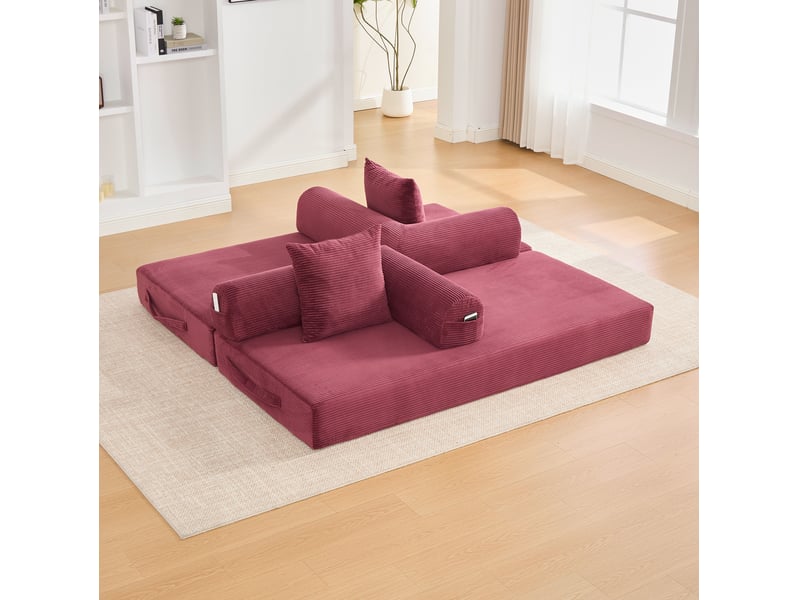  Canapé modulable 3 places en velours côtelé rouge bordeaux avec 3 coussins  - Conforama D
