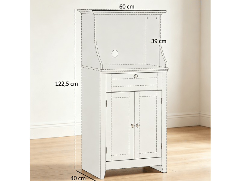 Meuble micro-ondes 60 x 40 x 122,5 cm blanc en mdf, avec porte, tiroir et rangement cuisine  - Conforama C