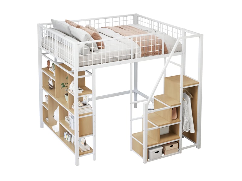  Lit mezzanine 140x200 cm avec escalier et rangements coloris blanc  - Conforama A