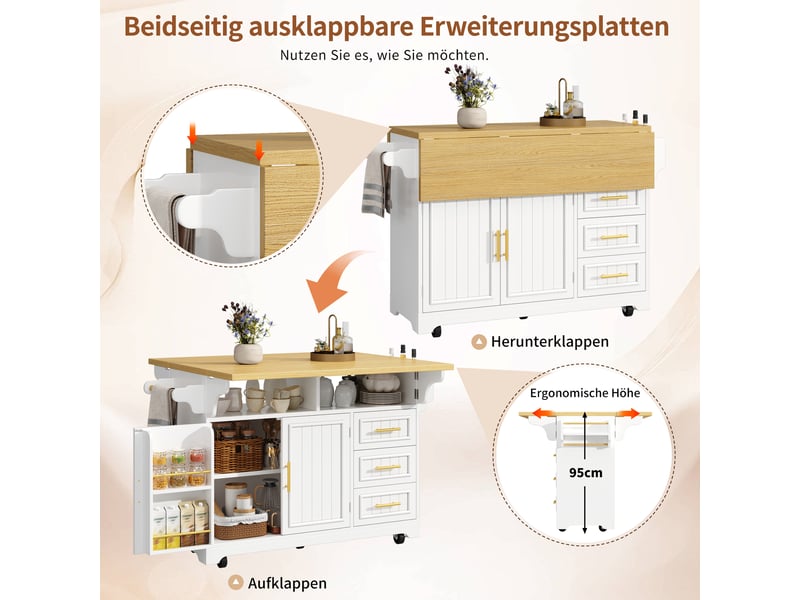  Îlot de cuisine sur roulettes extensible avec 3 tiroirs blanc 120 x 40 x 95 cm N620CC260806W - Conforama D