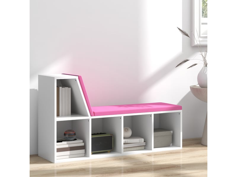  Bibliothèque banc 2 en 1 avec 5 compartiments de rangement et 2 coussins 108 x 30 x 60 cm blanc rose  - Conforama D