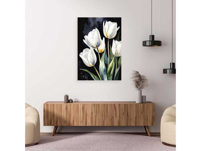  Impression sur toile, fleurs de tulipes blanches sur fond noir 20x30 1312615280 - Conforama B