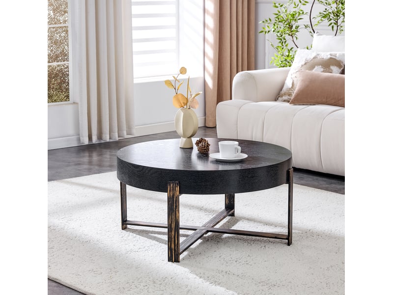  Table basse ronde avec plateau épais effet bois et piètement croisé en métal pour salon, 68 × 36 cm, noir  - Conforama B