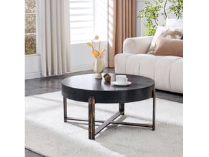 Table basse ronde avec plateau épais effet bois et piètement croisé en métal pour salon, 68 × 36 cm, noir