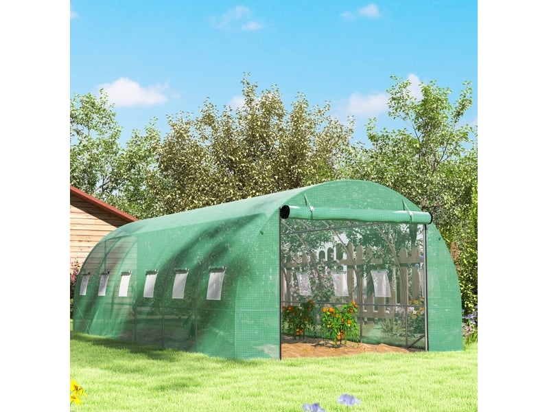 Serre tunnel de jardin 600 x 300 x 197 cm, couverture plastique, cadre acier, portes enroulables, verte  - Conforama E