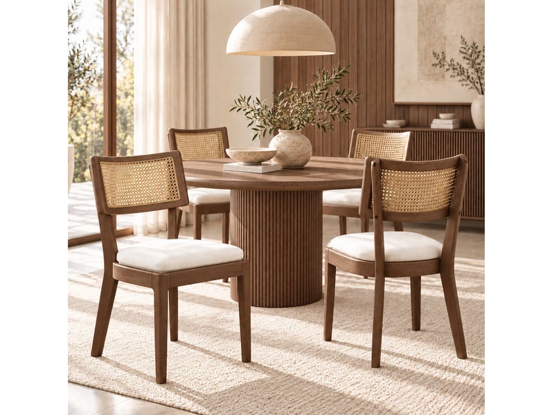  Lot de 4 chaises de salle à manger à dossier en rotin, bois et lin, noyer et beige  - Conforama B