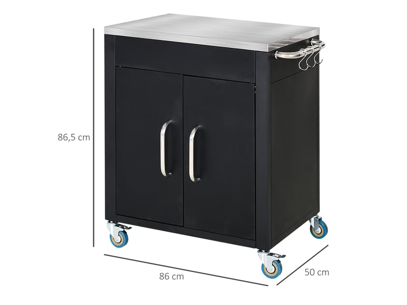 Desserte de cuisine avec placard, 6 crochets et 4 roulettes, plateau inox pour cuisine 86×50×86,5 cm noir - Conforama D