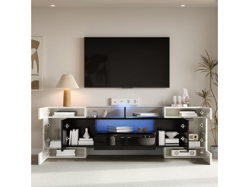  Meuble tv 200 cm blanc et noir brillant avec led, surface en verre, design moderne pour écran 50-59 pouces  - Conforama C