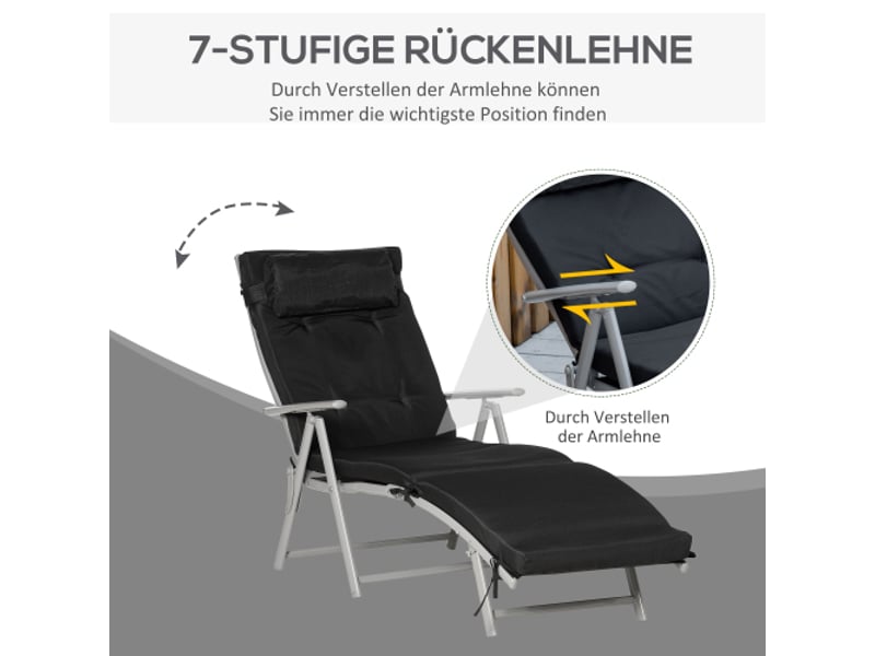  Chaise longue de plage pliante noire, 7 positions, coussin, résistante aux intempéries, 137 x 63,5 x 100,5 cm  - Conforama B
