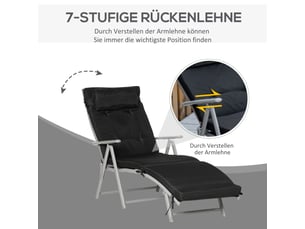 Chaise longue de plage pliante noire, 7 positions, coussin, résistante aux intempéries, 137 x 63,5 x 100,5 cm