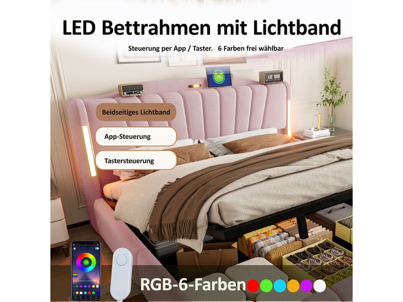  Lit coffre 180x200cm avec rangement hydraulique, tête de lit led connectée, ports usb et type-c, veilleuse et pied de lit surélevé, velours, rose evarich - Conforama D