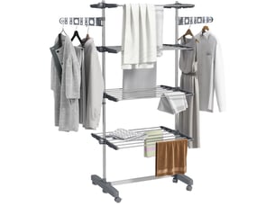 Étendoir à linge, 5 niveaux, pliable, système de pliage en un clic, 142 cm x 55 cm x 172 cm, gris et argent