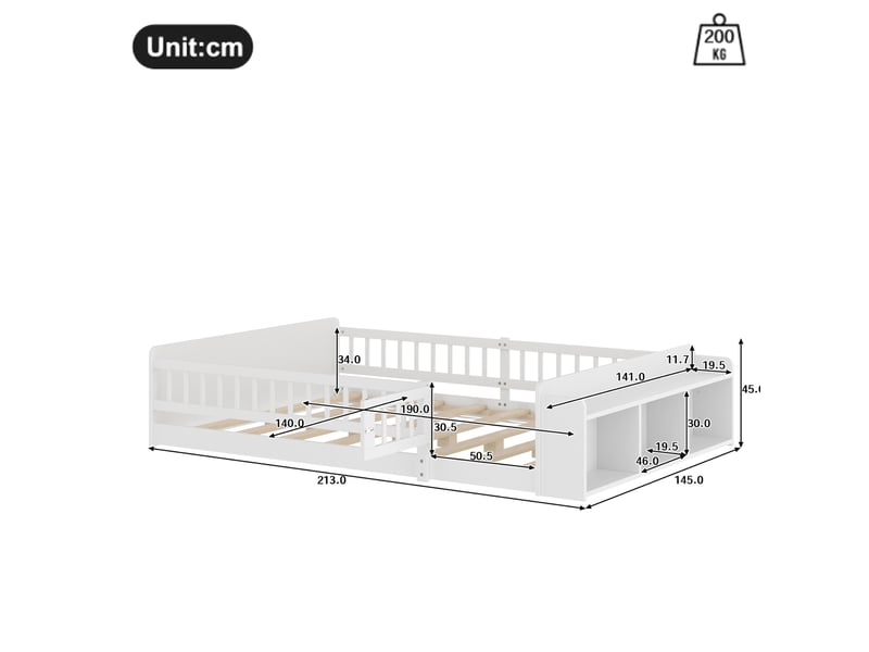  Lit enfant 140 x 190 cm en bois avec rangement ouvert et sommier à lattes, blanc  - Conforama C