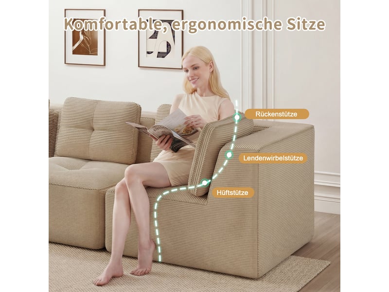 Grand canapé panoramique modulable velours côtelé beige – 295 x 295 x 69 cm Fay Lum - Conforama E