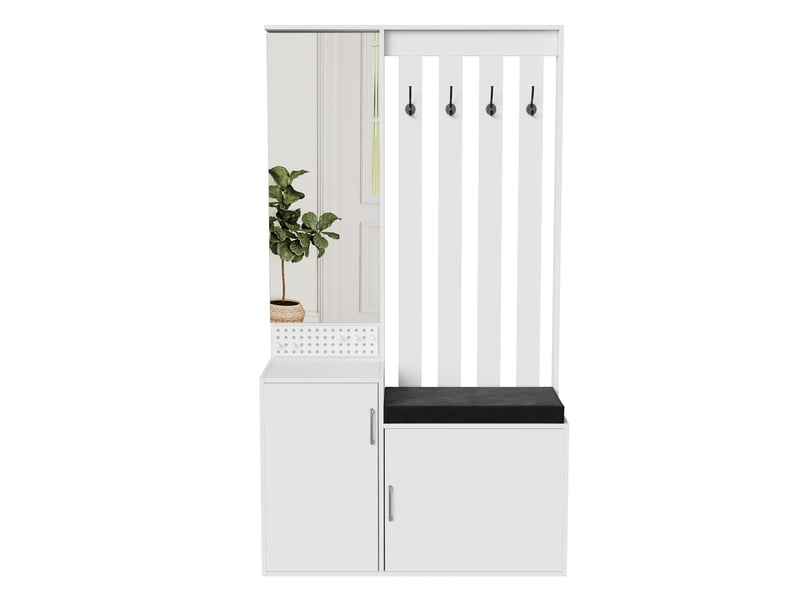  Meuble d'entrée - 100x40x180cm - avec banquette rembourrée, miroir &amp; rangement à chaussures - style moderne - blanc  - Conforama A