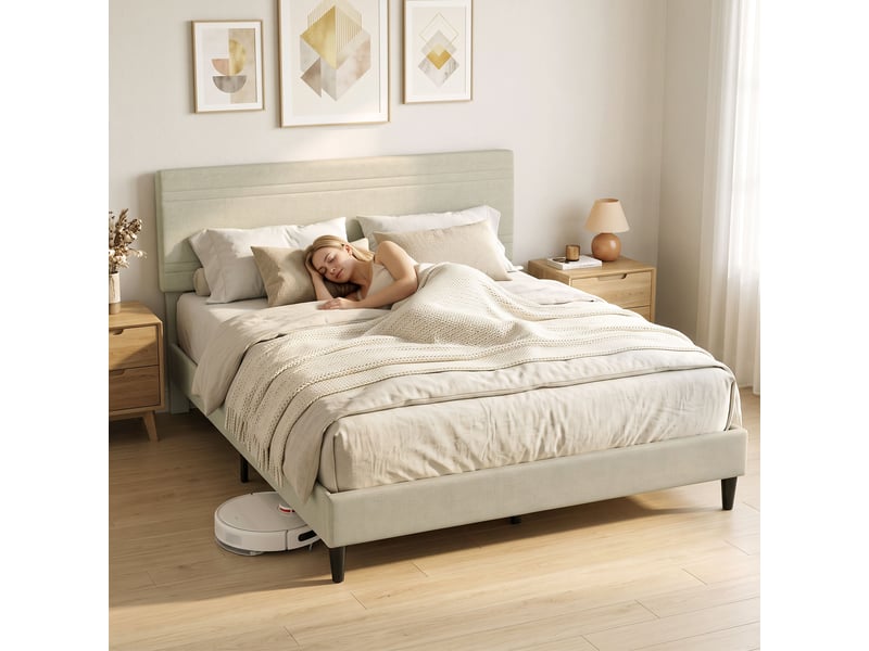 Lit double design tissu lin beige - tête de lit, pied de lit et sommier - compatible matelas 160x200cm - Conforama D