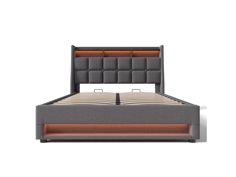  Lit coffre ulevr 160 x 200 cm avec led et usb, tête de lit avec rangement, revêtement en lin, gris  - Conforama A