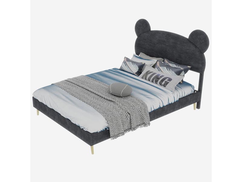  Lit enfant 140x200 cm avec tête cartoon, tissu et métal, gris, sans matelas  - Conforama A