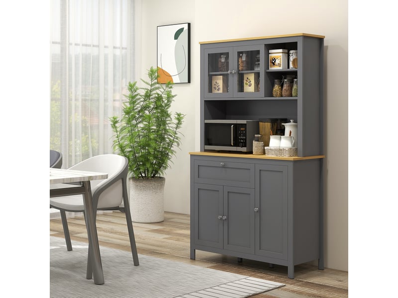  Buffetmeuble de cuisine à 5 portes, dont 2 portes vitrées et 1 tiroir, 1 compartiment central – hauteur 180 cm, gris  - Conforama D