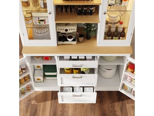 Meuble de cuisine 185 x 140 x 40 cm - 3 tiroirs, plan de travail, étagères réglables, éclairage led pilotable par application, finition noirblancvert.