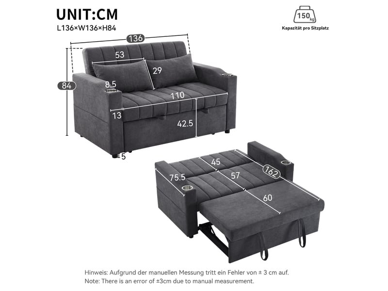  Canapé convertible modenvie 2 places gris 136 x 162 x 84 cm dossier réglable 3 positions  - Conforama C