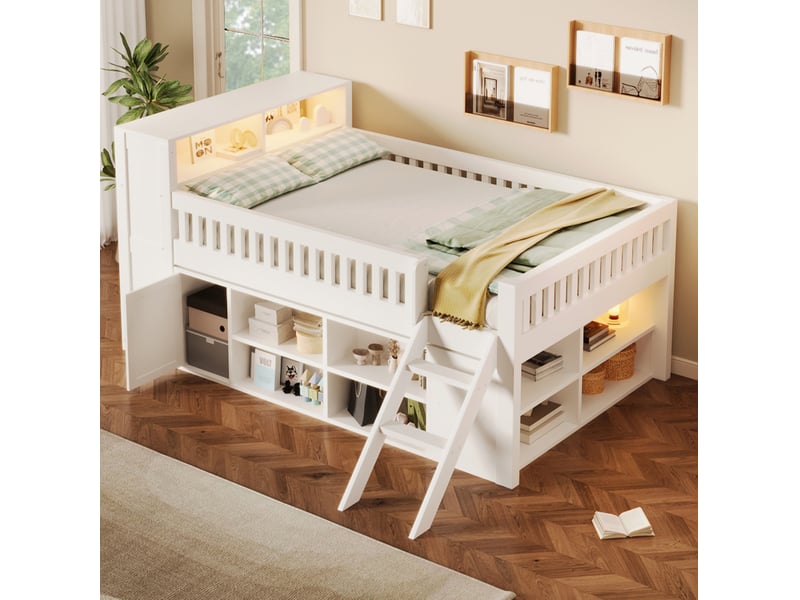  Lit mezzanine modenvie 140 x 200 cm avec rangement et led blanc en mdf et pin  - Conforama E