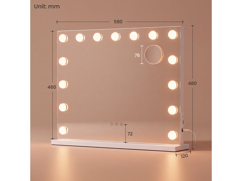  Miroir coiffeuse led 58 x 48 cm - rectangulaire avec 3 couleurs d’éclairage, miroir grossissant 10x amovible et mémorisation du réglage - à poser ou à fixer au mur  - Conforama E