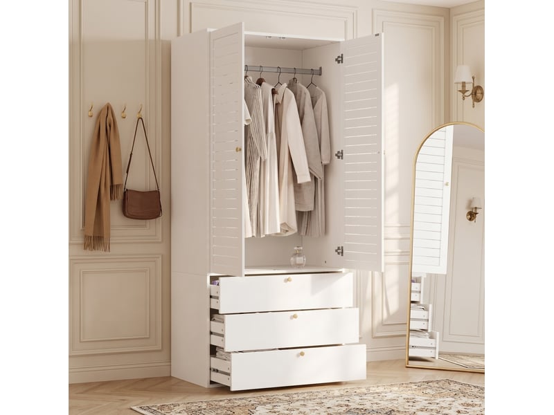  Armoire 2 portes 90x50x200 cm avec 3 tiroirs et penderie blanc  - Conforama E