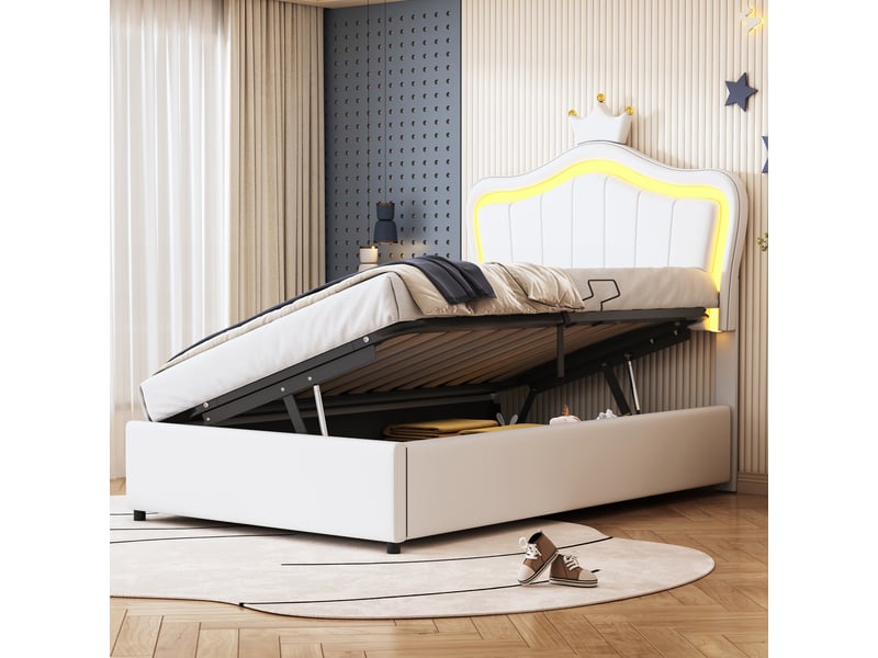  Lit coffre enfant rembourré 1 place 90x200 cm avec led, rangement hydraulique, tête de lit couronne réglable, sommier à lattes, simili cuir blanc  - Conforama C