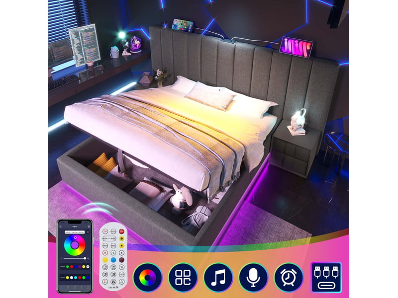  Lit coffre 160 × 200 cm 2 places avec rangement, led réglable, usb-c et 3 usb, sans matelas, en lin gris  - Conforama B