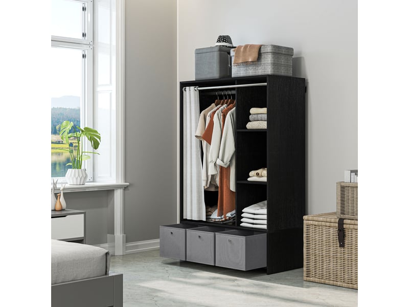  Armoire avec tringle à rideaux, 3 étagères et 3 tiroirs amovibles en tissu, 105 x 48 x 160 cm  - Conforama D