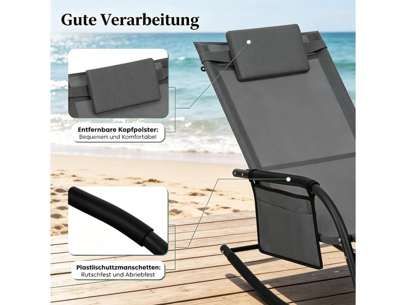 Fauteuil relaxant à bascule extérieur 152x62x83 cm – gris – poche latérale et appui-tête ergonomique - Conforama E