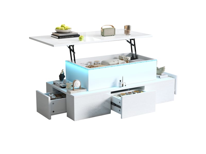  Table basse relevable blanche 100x50 cm – led intégrée, 4 tiroirs et compartiment de rangement dissimulé  - Conforama D