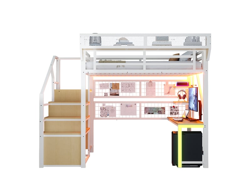 Lit mezzanine enfant avec led 140x200cm, charge, bureau, rangement filet, garde-corps, échelle, métal blanc sans matelas  - Conforama A