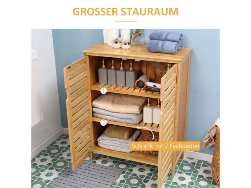 Meuble de salle de bain en bambou 68x32x86 cm, 2 portes à lamelles, 2 étagères, naturel - Conforama D