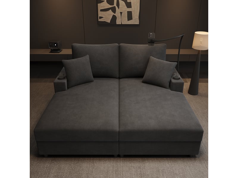 Canapé-lit 2 places 163 x 140 x 82 cm, avec support téléphone 360°, usbusb-c, 2 porte-gobelets, 2 coussins, tissu côtelé - gris - Conforama C