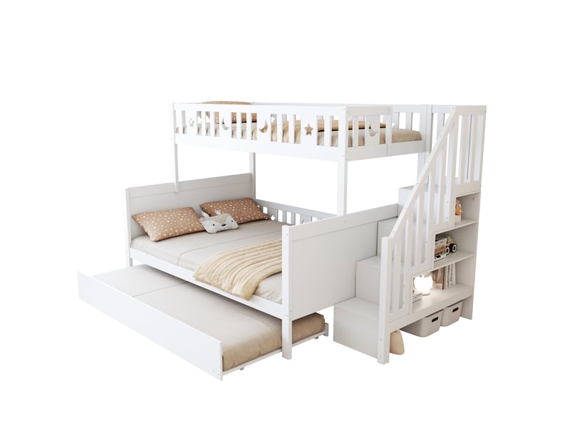  Lit superposé enfant 90x200 cm et 140x200 cm avec escalier de sécurité et lit gigogne mdf bois blanc sans matelas  - Conforama A