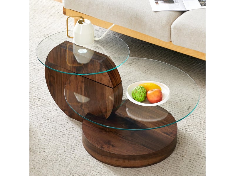  Table basse - 90x51x44cm - en verre trempé &amp; mdf - table de salon multiniveau finition noyer - marron  - Conforama C